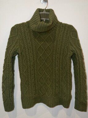 Vintage WoolOvers Olive Green Cable Knit Turtleneck Wool Sweater Size S